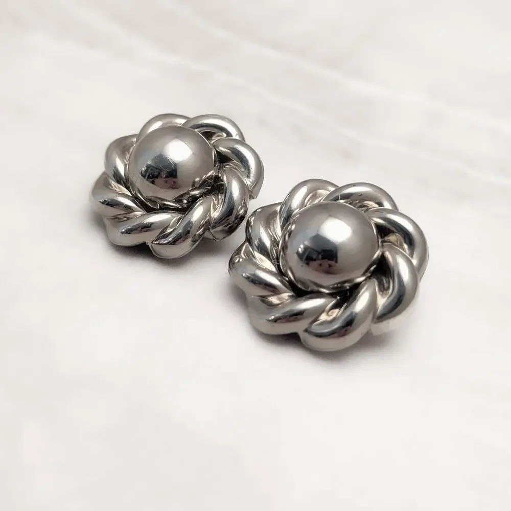Vintage Clip On Earrings Extra Large Silver Tone Chunky Twist Halo Statement
